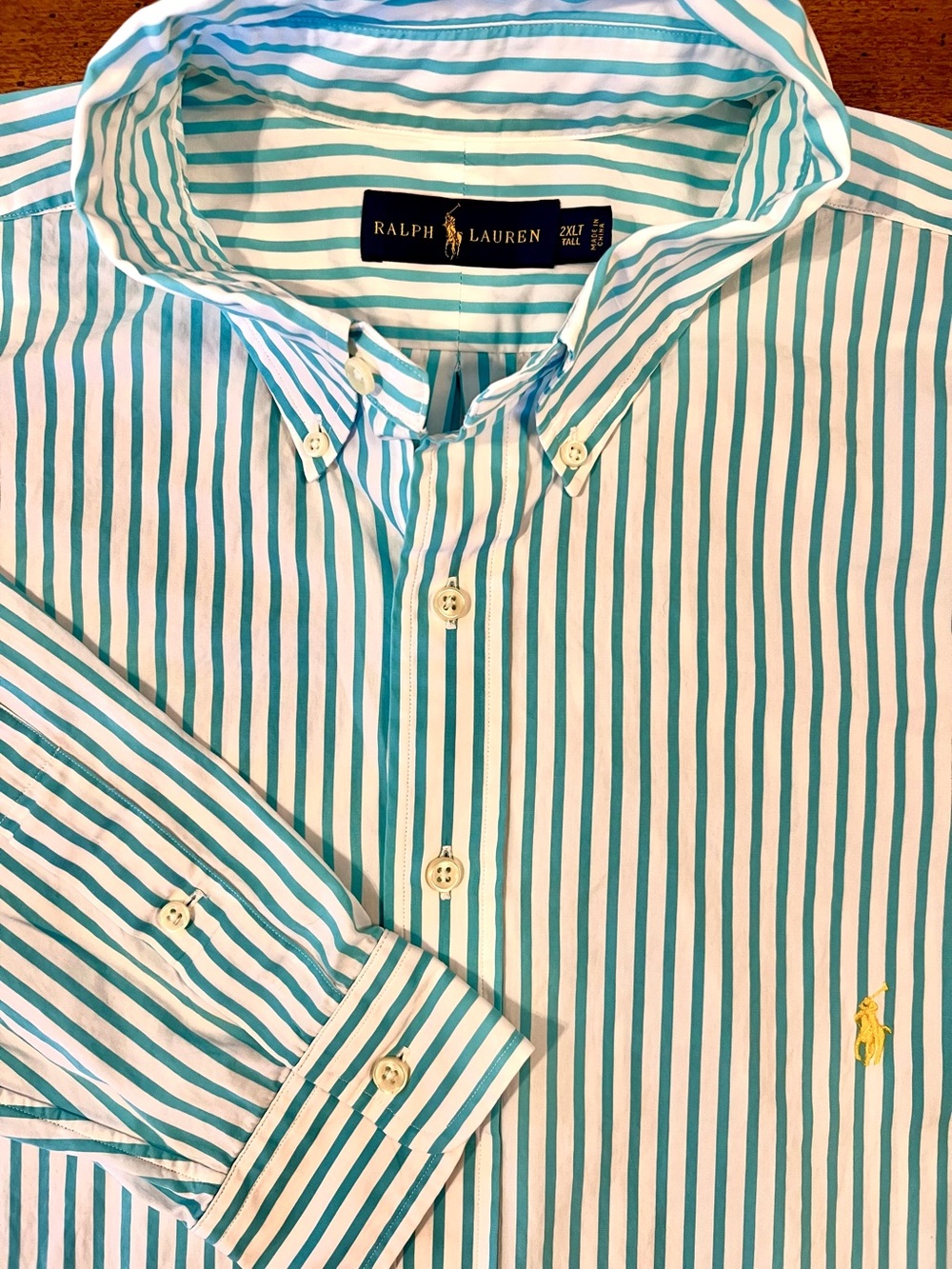 Polo Ralph Lauren Men's Sz 2XL Tall Teal Blue White Stripe Dress Casual Preppy